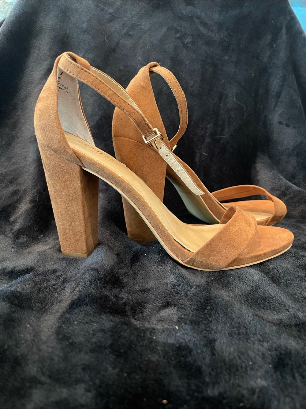 Express Suede Block Heel Sandals in Cognac Brown